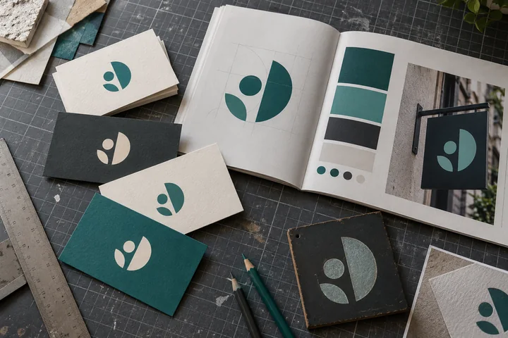 Printed brand booklet, business cards and matching sign samples